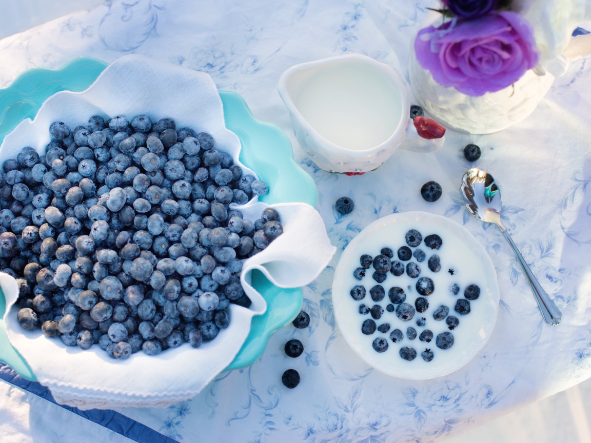 Blueberries on the table with milk