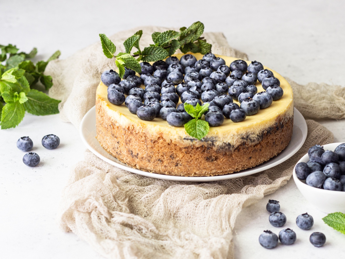 Appetizing tasty pie with blueberries and mint