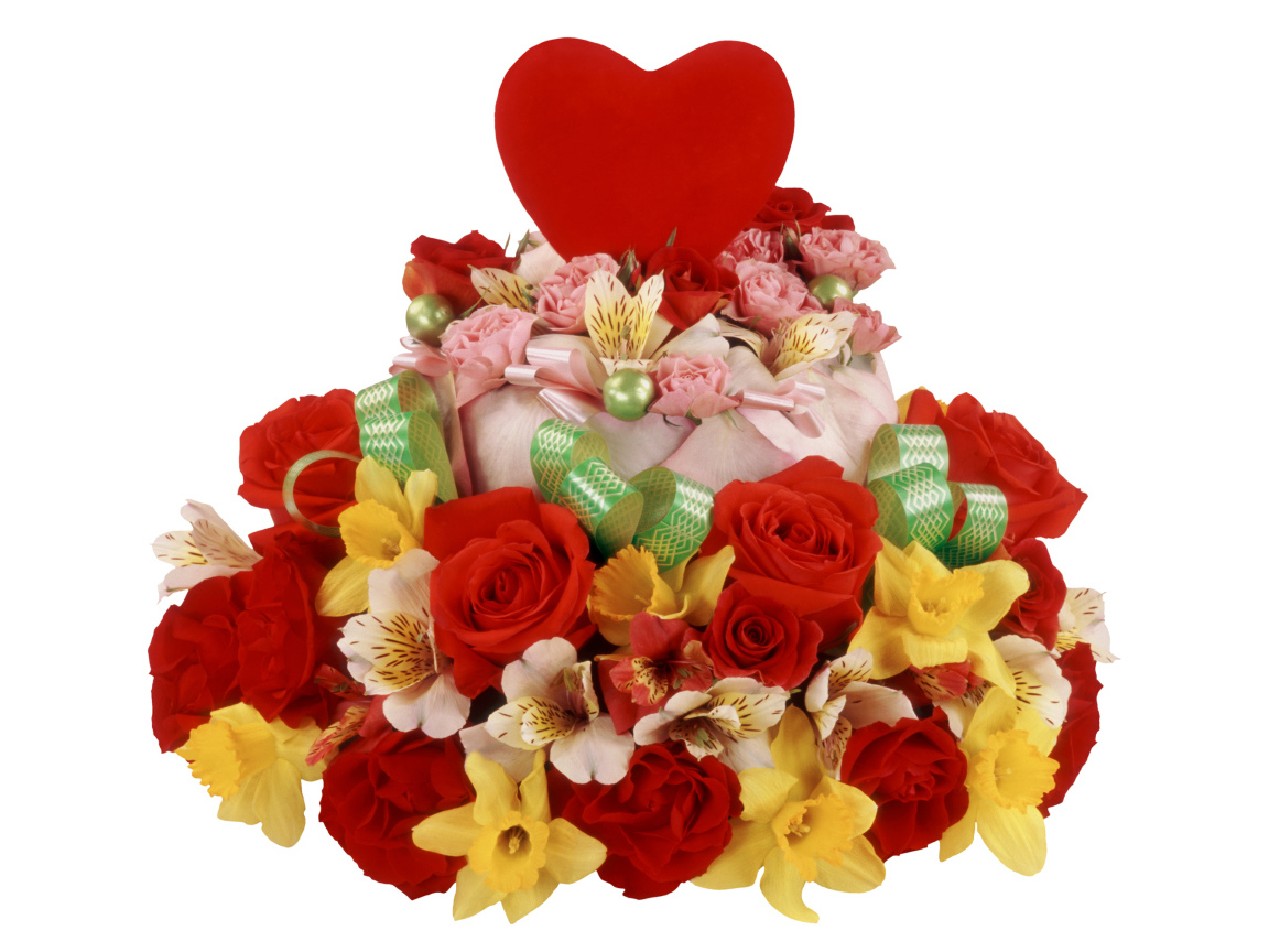 Cake with roses, daffodils and flowers of Alstroemeria on a white background with a red heart