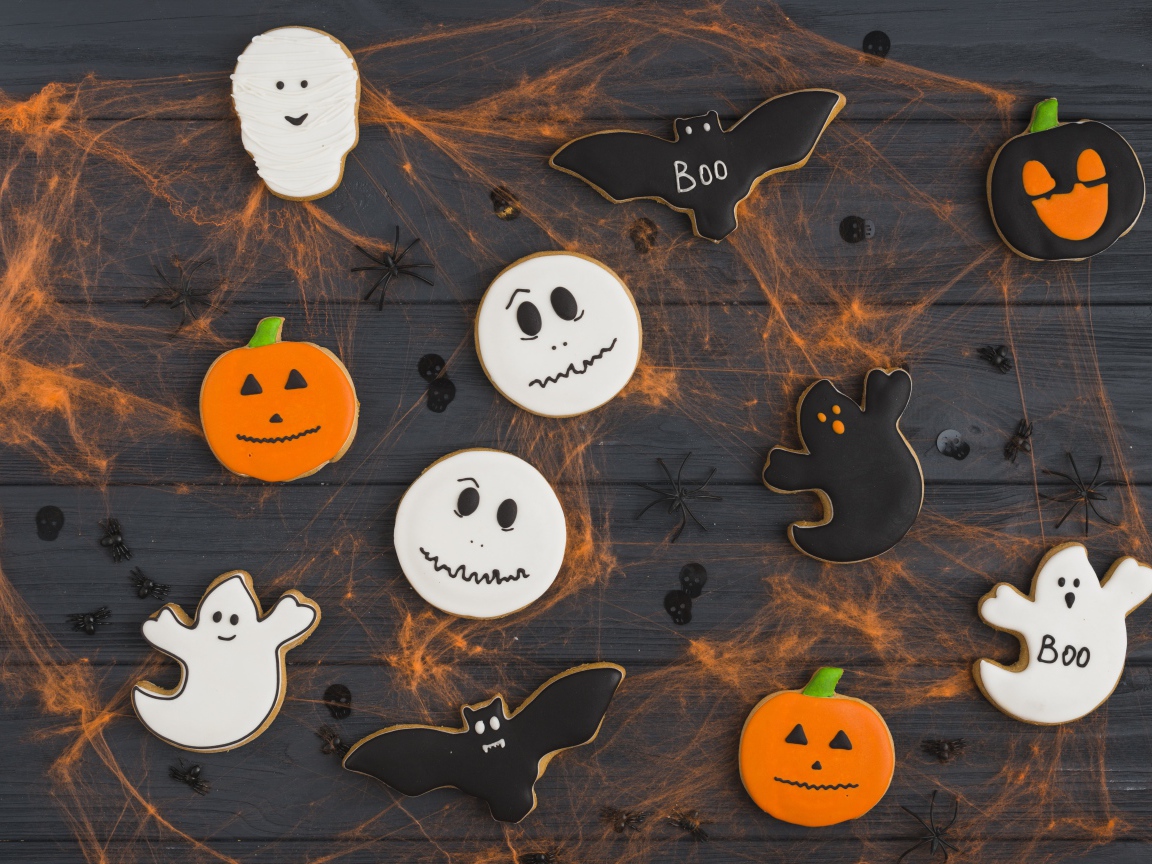 Печенье на столе с паутиной на праздник Хэллоуин 