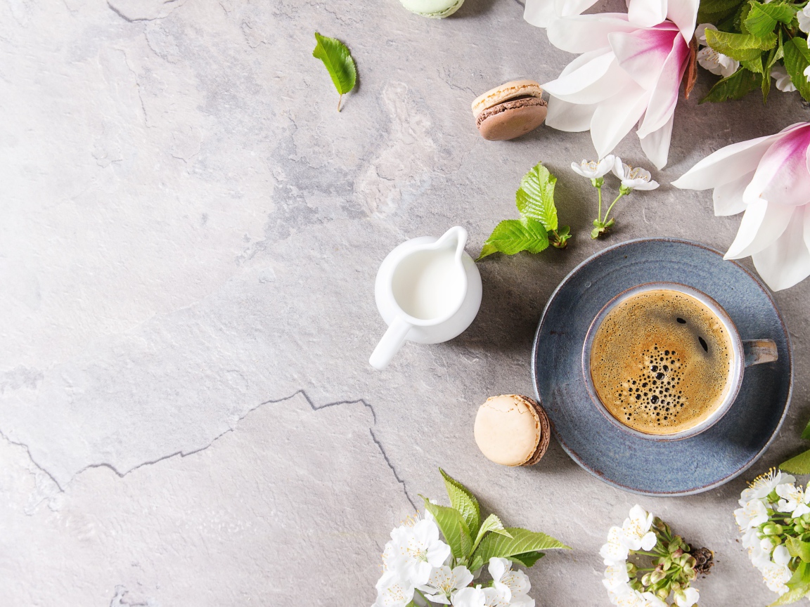 Чашка кофе на сером фоне с цветами вишни и магнолии