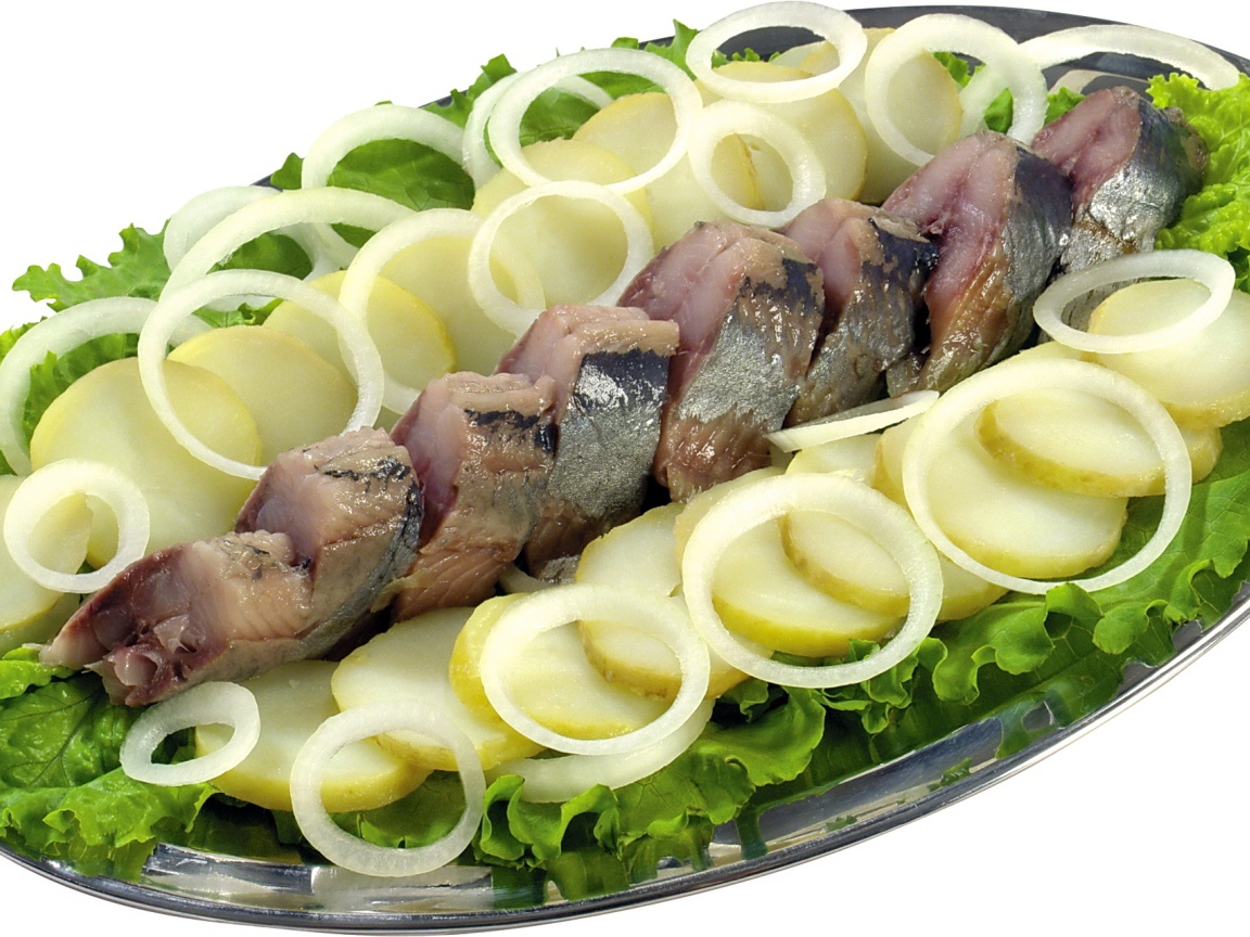 Herring with boiled potatoes, onions and lettuce on white background