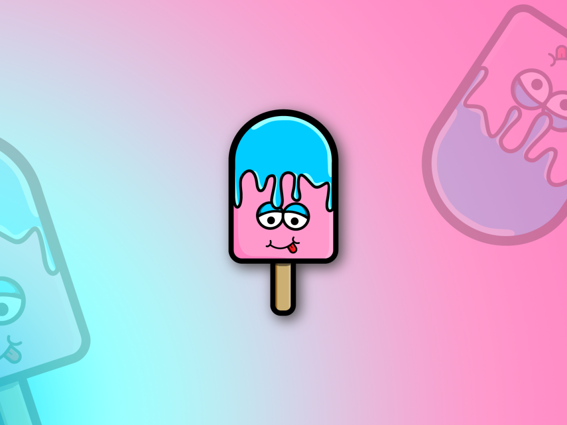 Ice cream on a stick with his tongue hanging out on a pink background