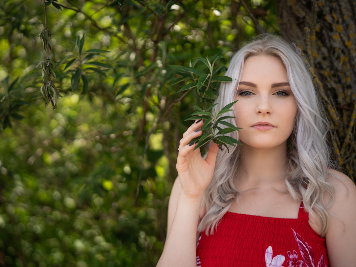 Красивая блондинка стоит у дерева 