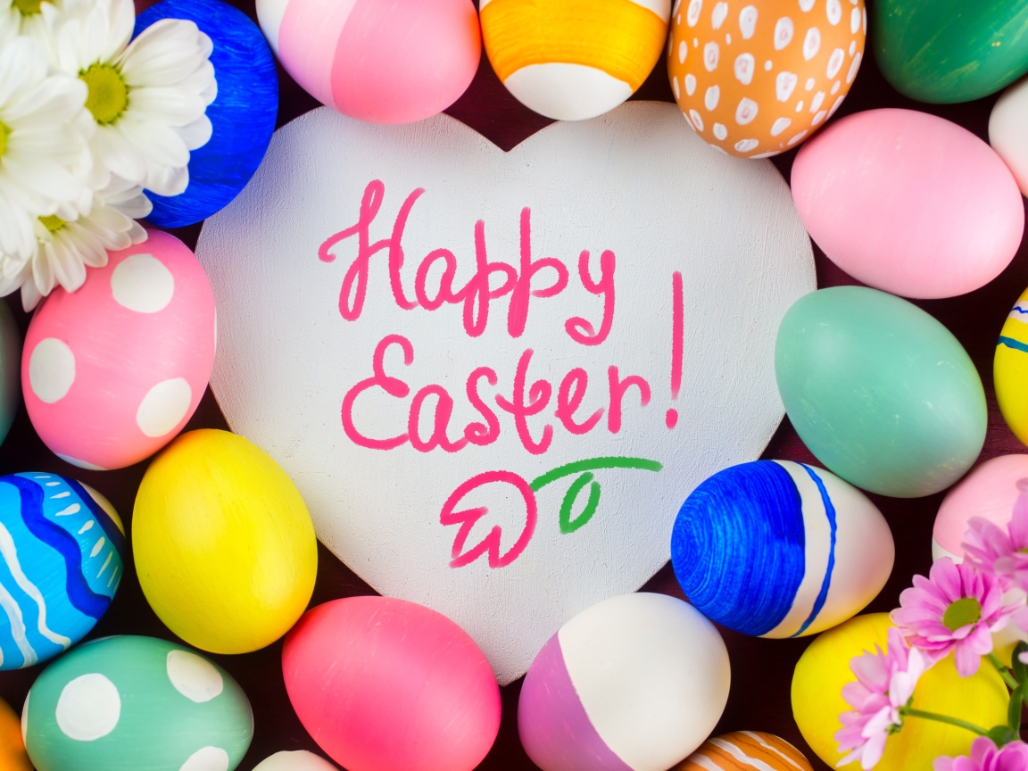 Разноцветные крашеные яйца с надписью Happy Easter