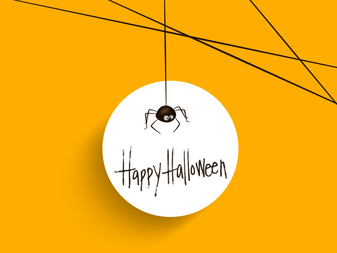 Белый круг с пауком и надписью на оранжевом фоне на Хэллоуин