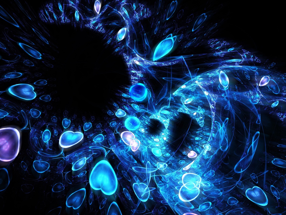 Узор из неоновых сердец на черном фоне, абстракция