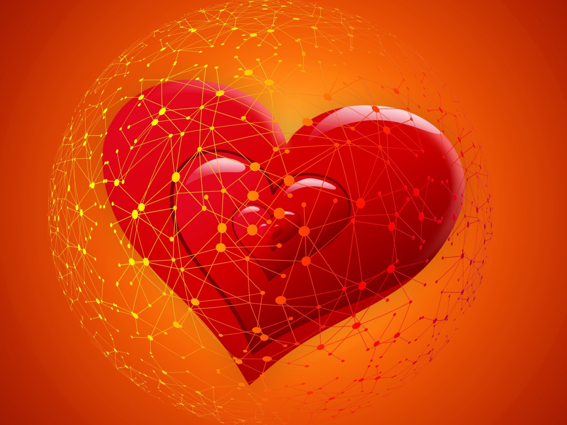 Красное сердце во всемирной паутине на оранжевом фоне