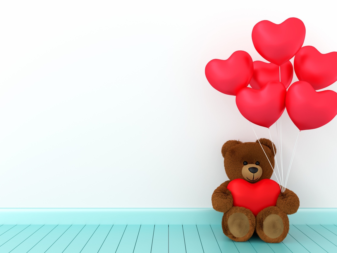 Плюшевый медведь с воздушными шарами в форме сердца