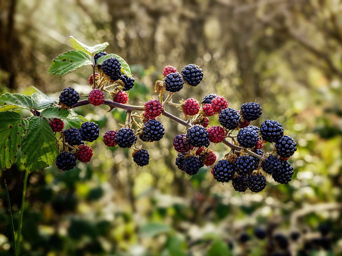 Черные ягоды ежевики на ветке 