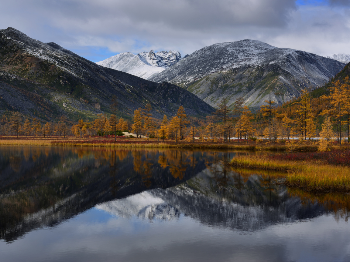 Горы отражаются в глади воды озера осенью