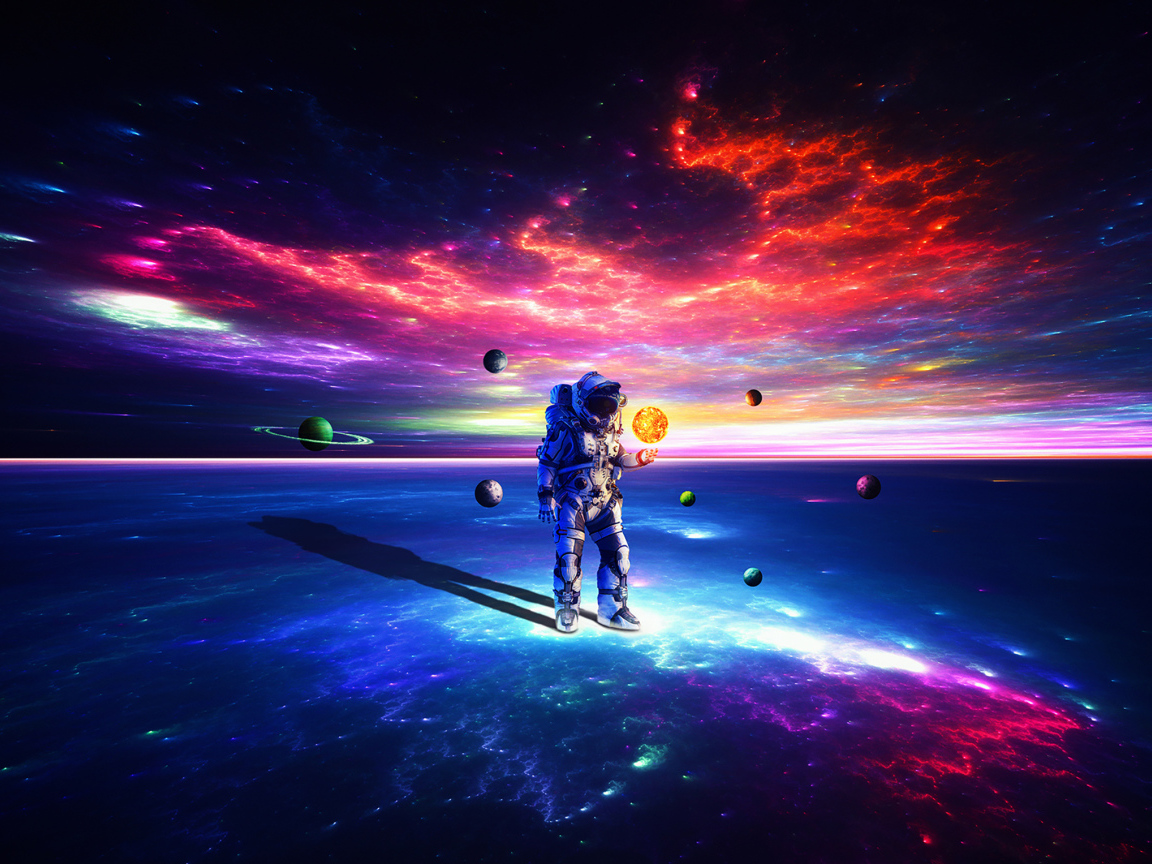 Астронавт на поверхности земли с планетами