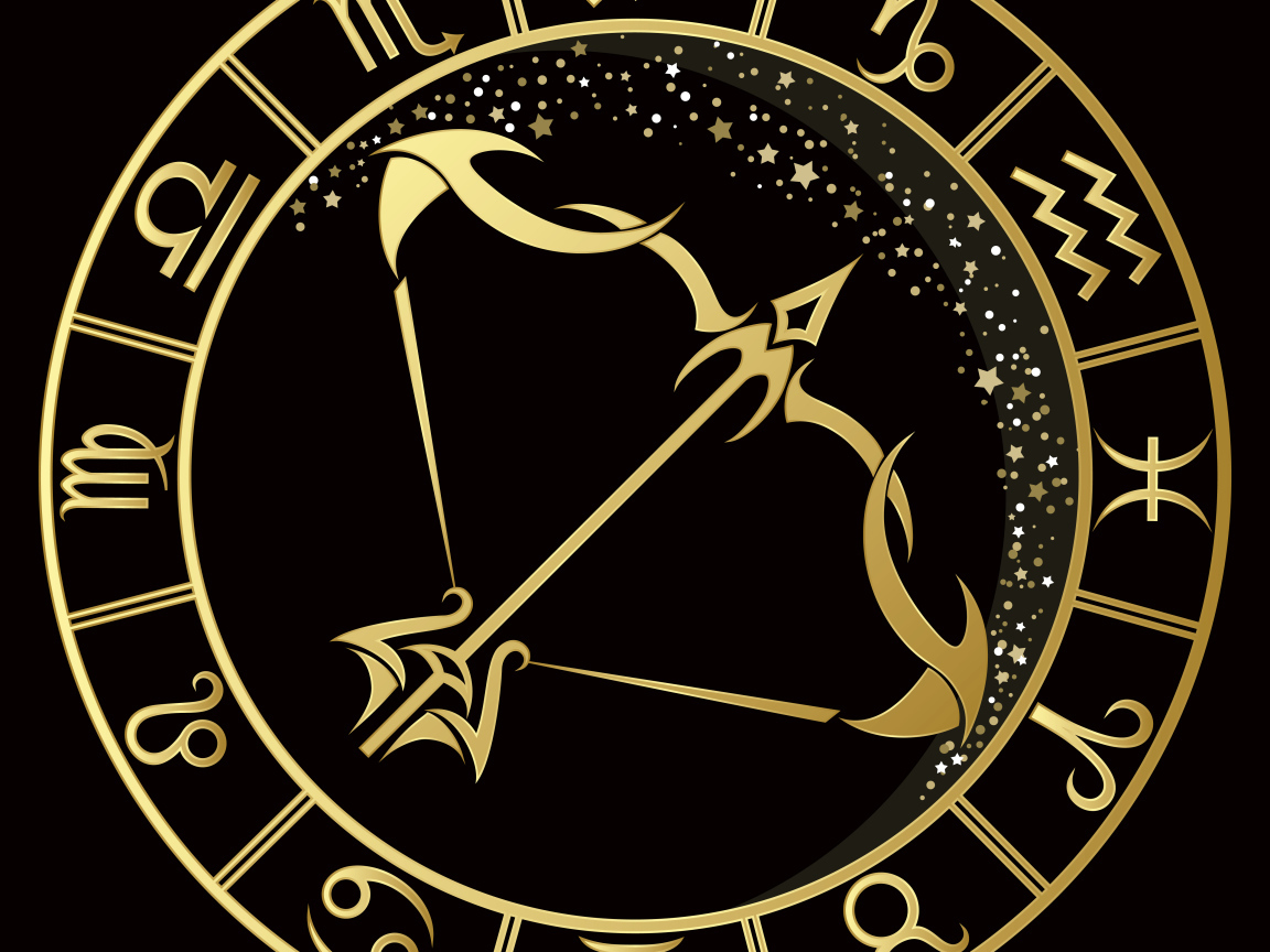 Золотой знак зодиака стрелец на черном фоне