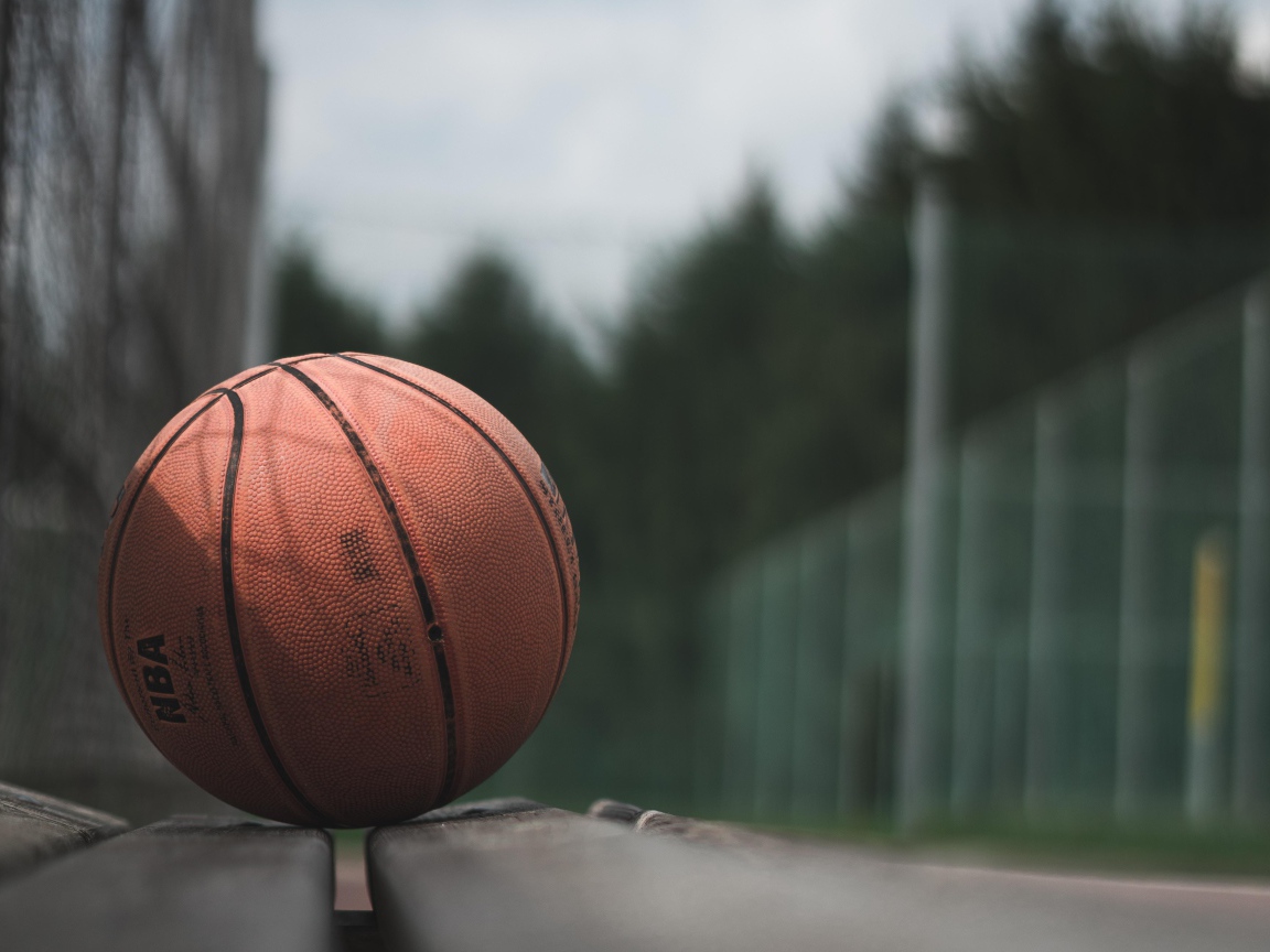 Баскетбольный мяч лежит на деревянной лавке