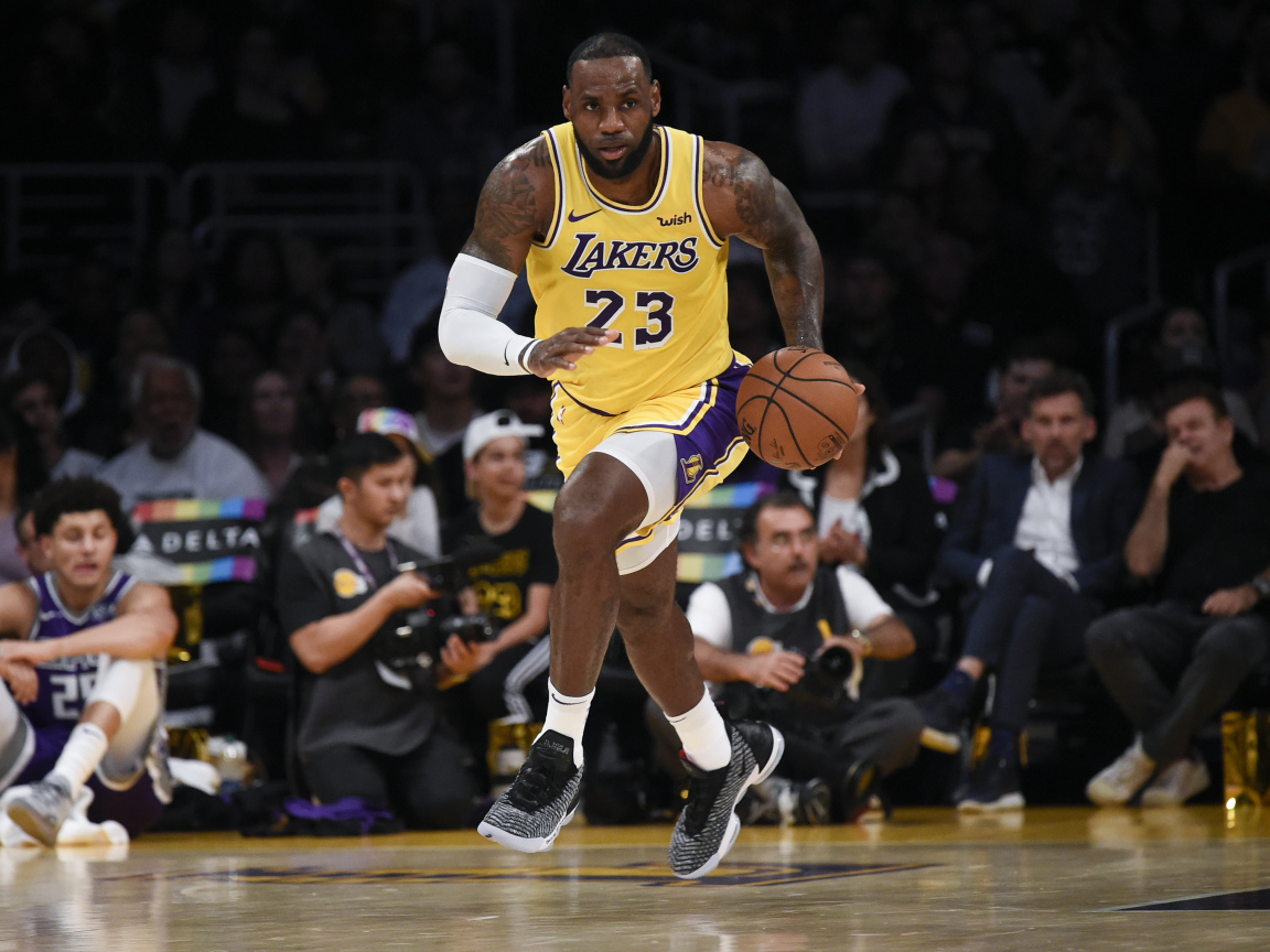 Баскетболист Леброн Джеймс на поле с мячом