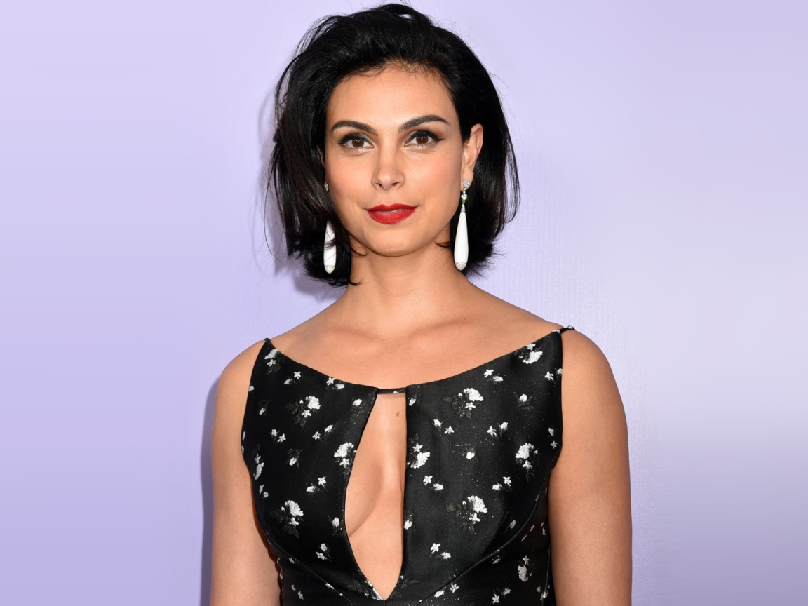 Красивая яркая девушка, актриса Морена Баккарин на сером фоне