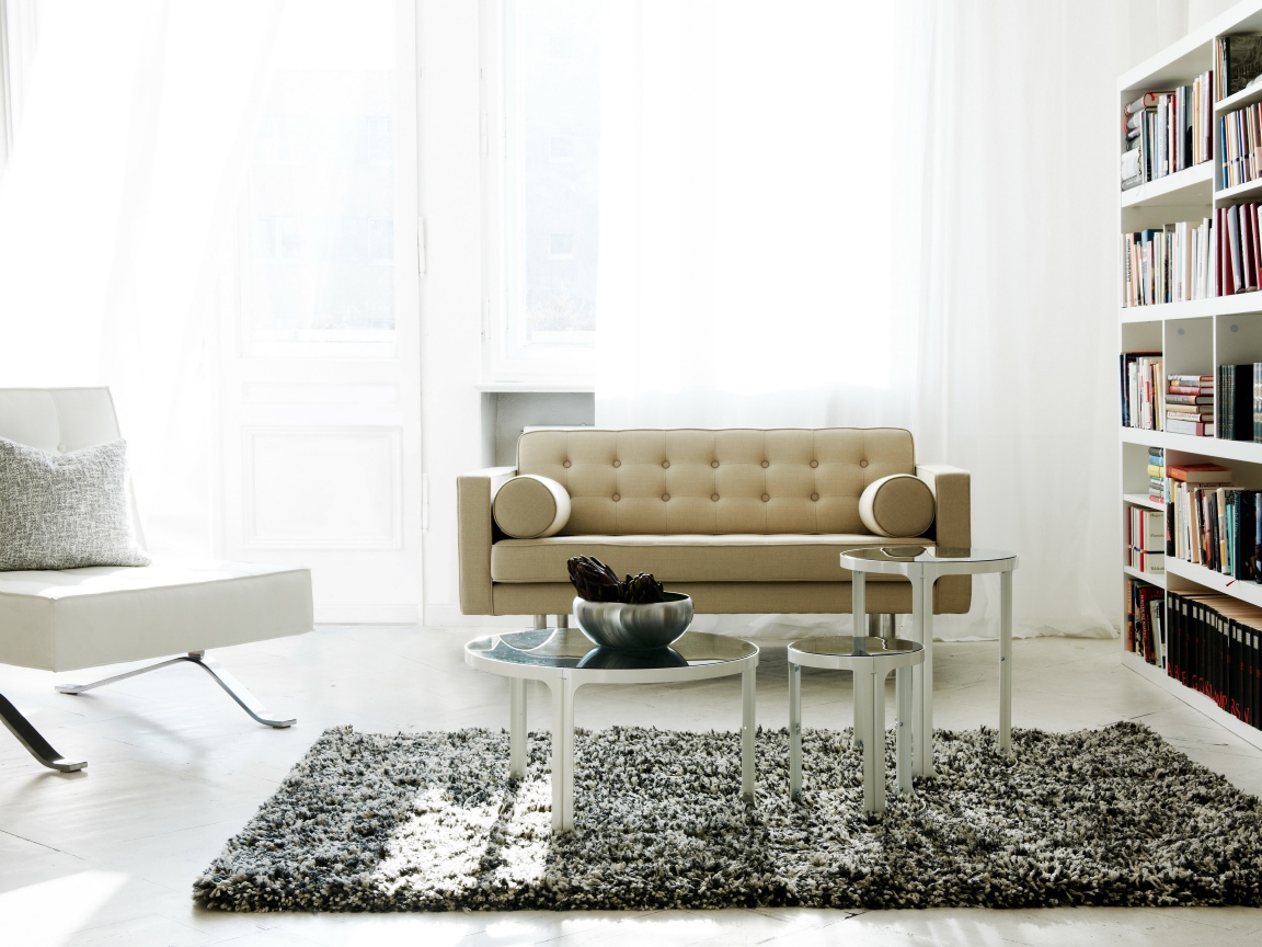 Светлая гостиная с книжным шкафом, диваном и креслом