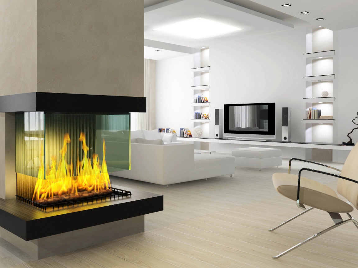 Большая светлая гостиная в стиле модерн с камином