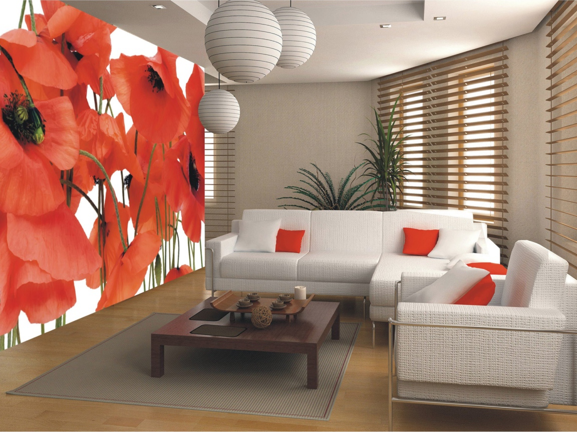 Гостиная комната с диваном и картиной с маками на стене 