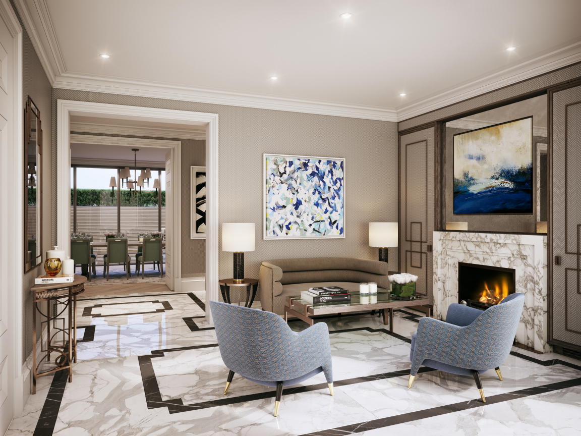 Гостиная с камином  и большой картиной на стене