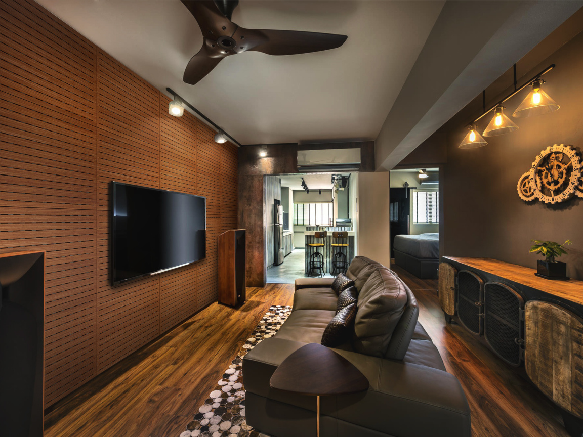 Стильная гостиная с коричневым интерьером