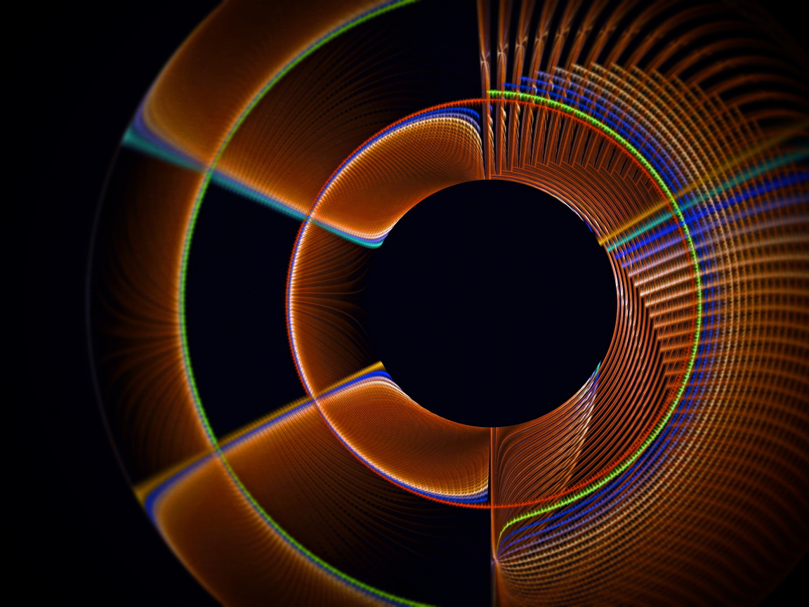 Коричневый фрактальный рисунок с радужными линиями на черном фоне