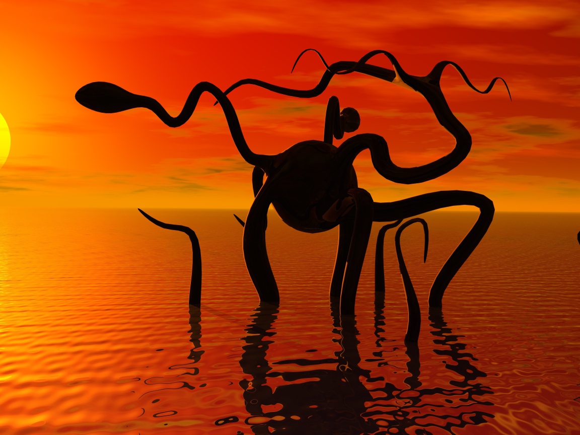 Фантастическое животное в спокойной морской воде на закате солнца