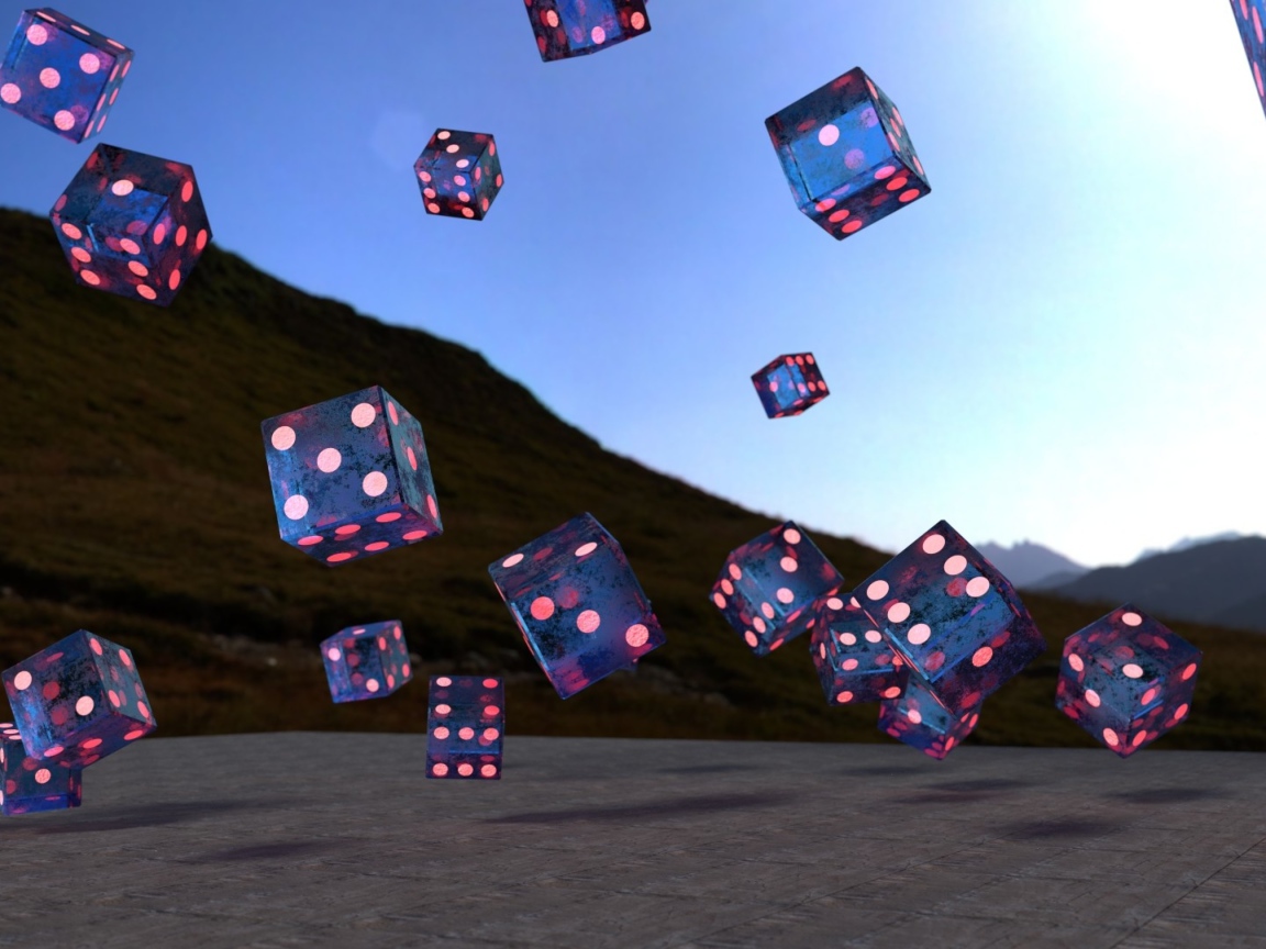 Летающие игральные кости над дорогой, 3д графика
