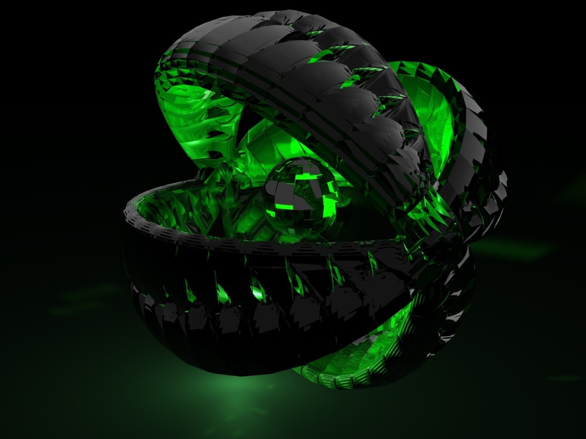 Green ball in a black sphere 3D graphics