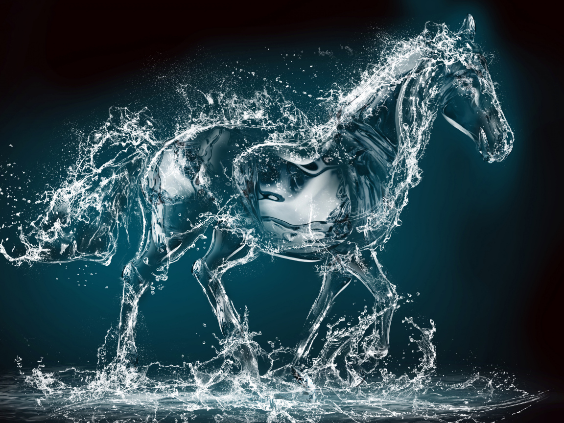 Конь из воды на черном фоне, 3д графика