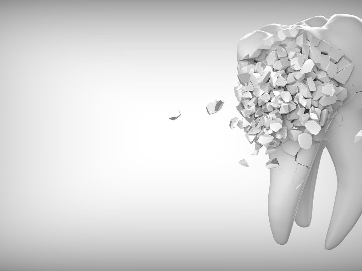 Зуб распадается на сером фоне, 3д графика 