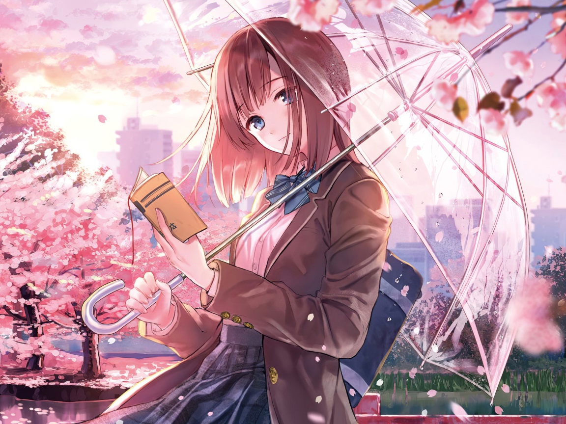 Девушка аниме с книгой и зонтом в руке 