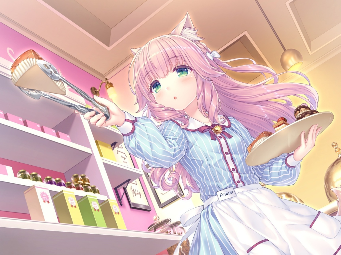 Девушка аниме с розовыми волосами на кухне