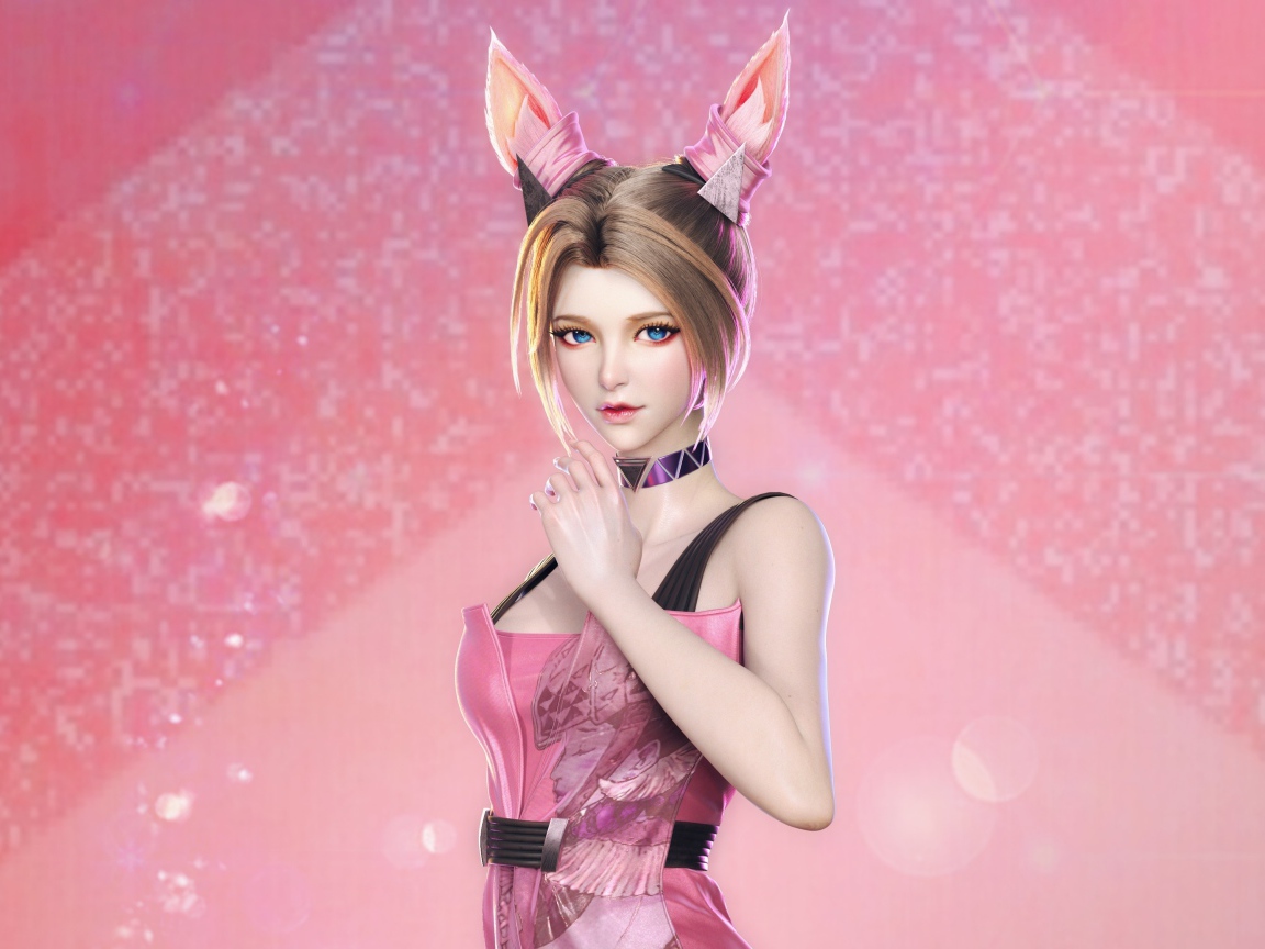 Девушка аниме с ушами белки на розовом фоне