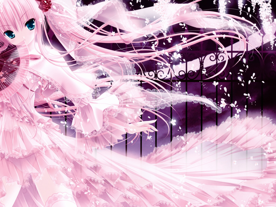 Красивая девушка аниме в длинном розовом платье 