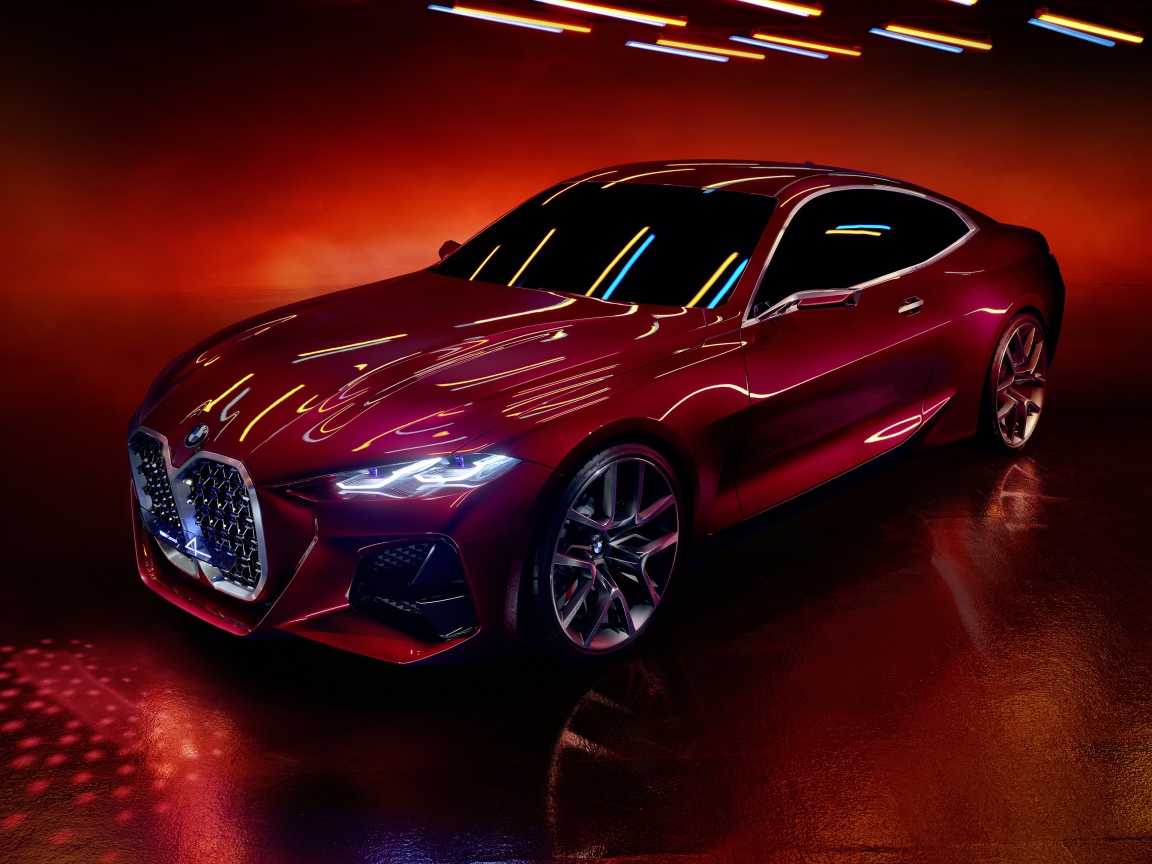 Красный автомобиль BMW Concept 4 2019 года на красном фоне