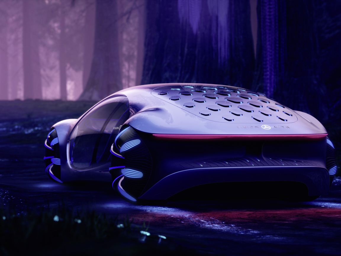 Неоновый автомобиль Mercedes-Benz VISION AVTR 2020 года в лесу