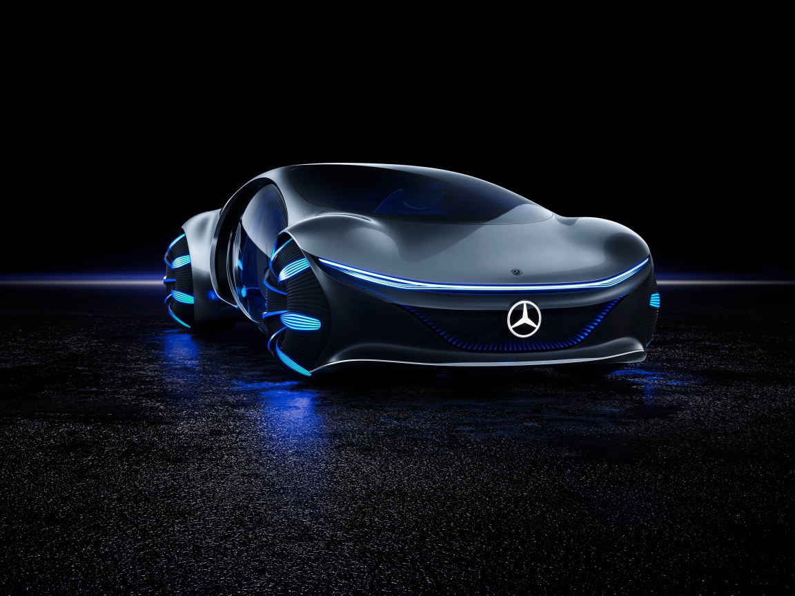 Футуристический автомобиль Mercedes-Benz VISION AVTR 2020 года на черном фоне