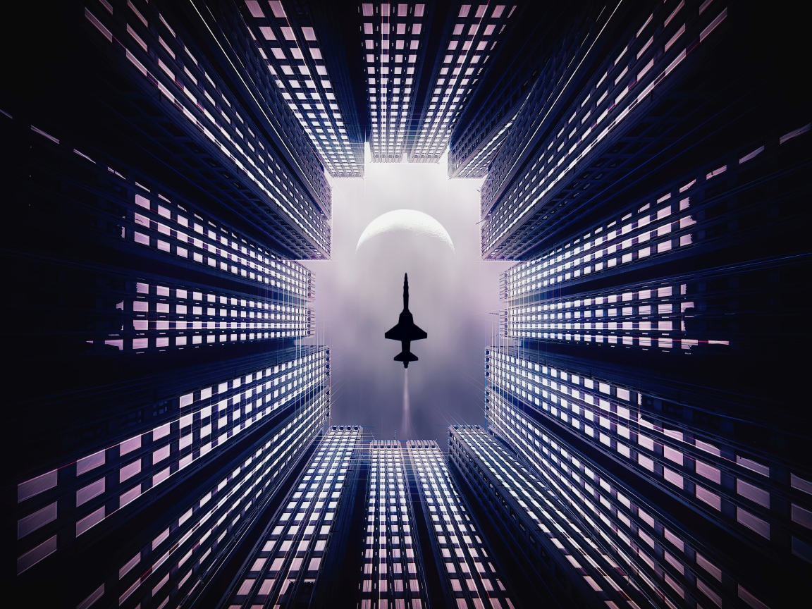 Самолет летит над небоскребами 