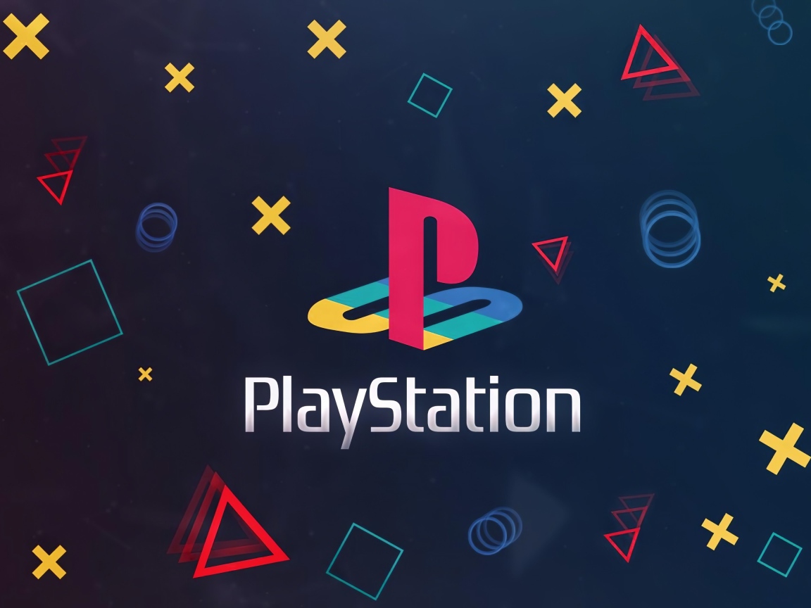 Логотип PlayStation на синем фоне с геометрическими фигурами