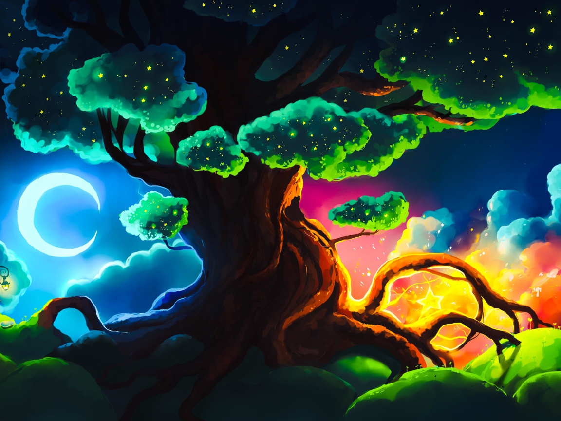 Большое фантастическое дерево ночью