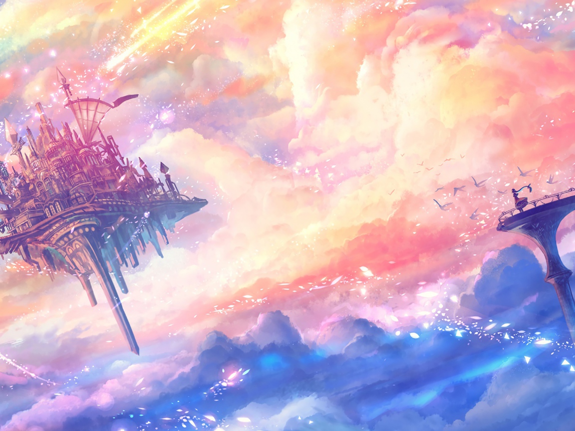 Фантастический замок на летающем острове в небе 