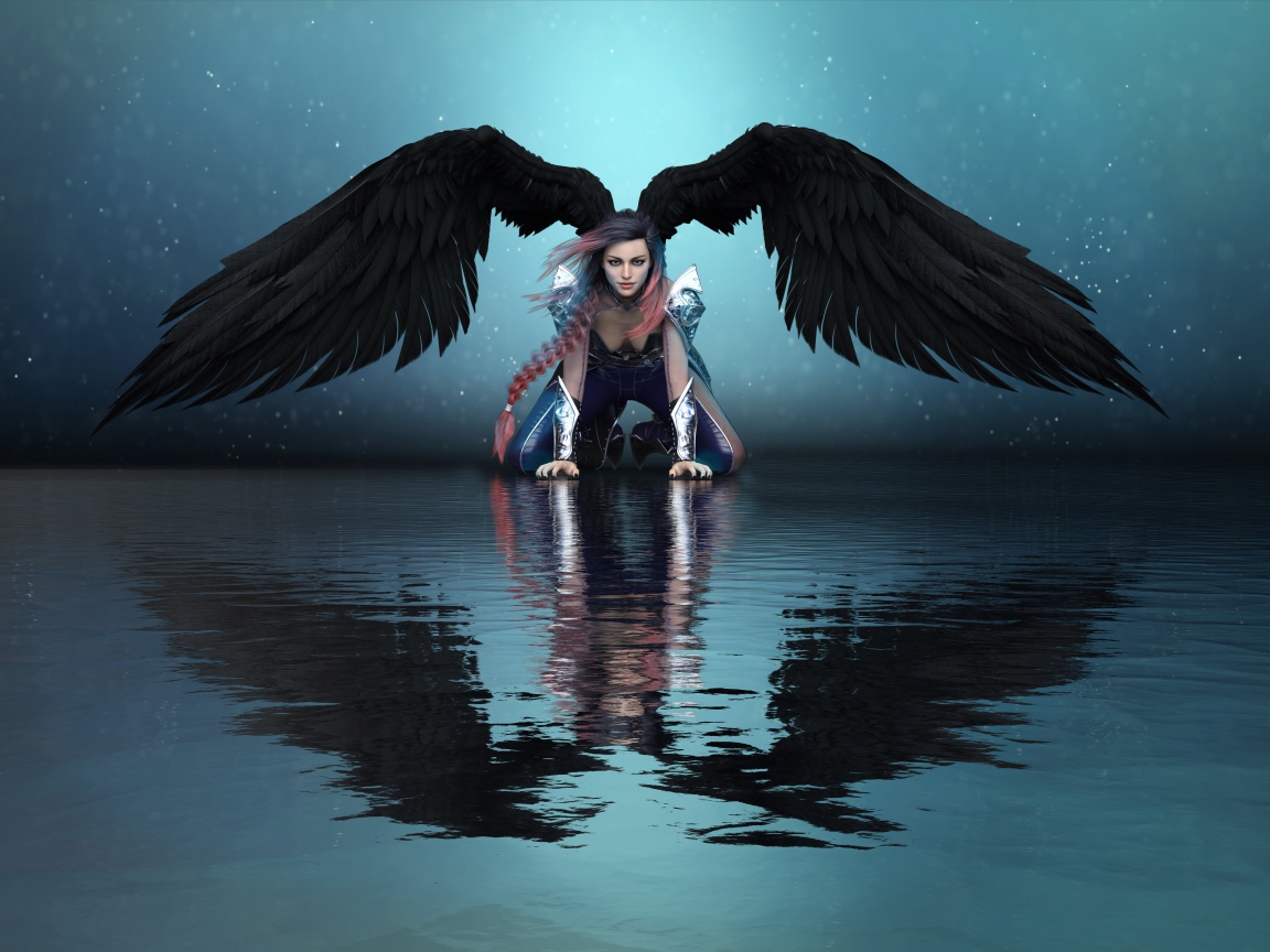 Фантастическая девушка ангел с черными крыльями отражается в воде 