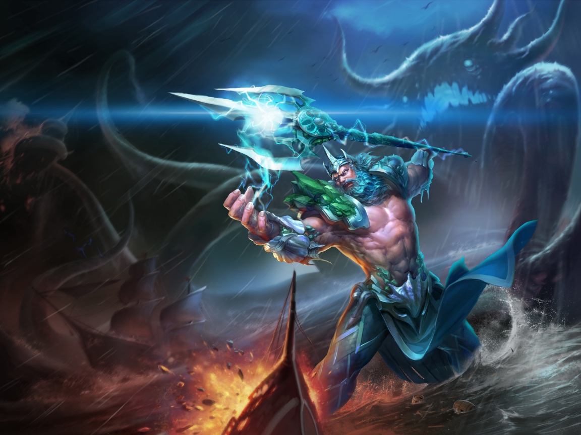 Грозный царь Посейдон в море с трезубцем