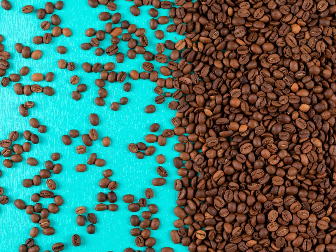 Много обжаренных кофейных зерен на голубом фоне