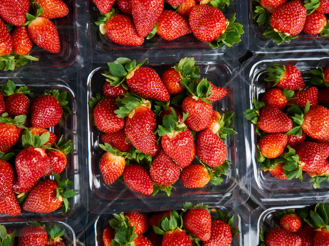 Много контейнеров со спелой сочной красной клубникой 