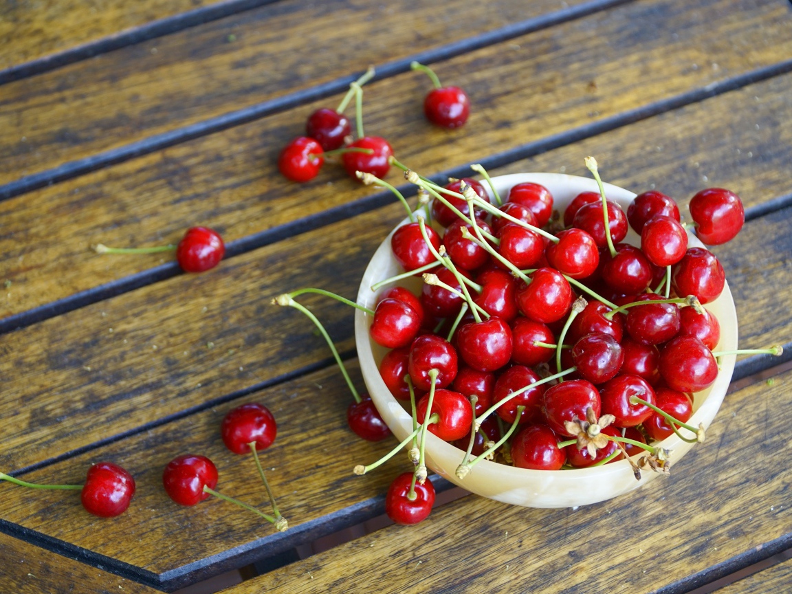 Спелые красные вишни в тарелке на столе 