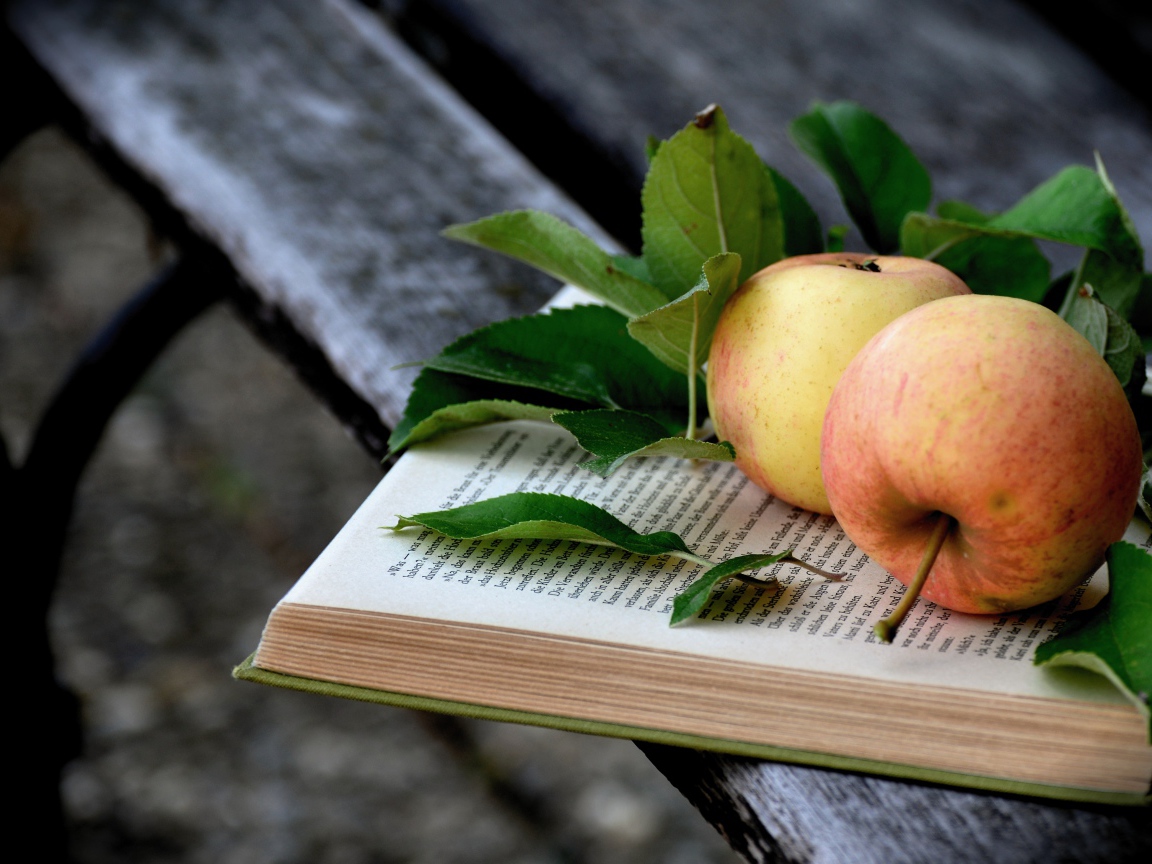 Two apples with green leaves on a book
