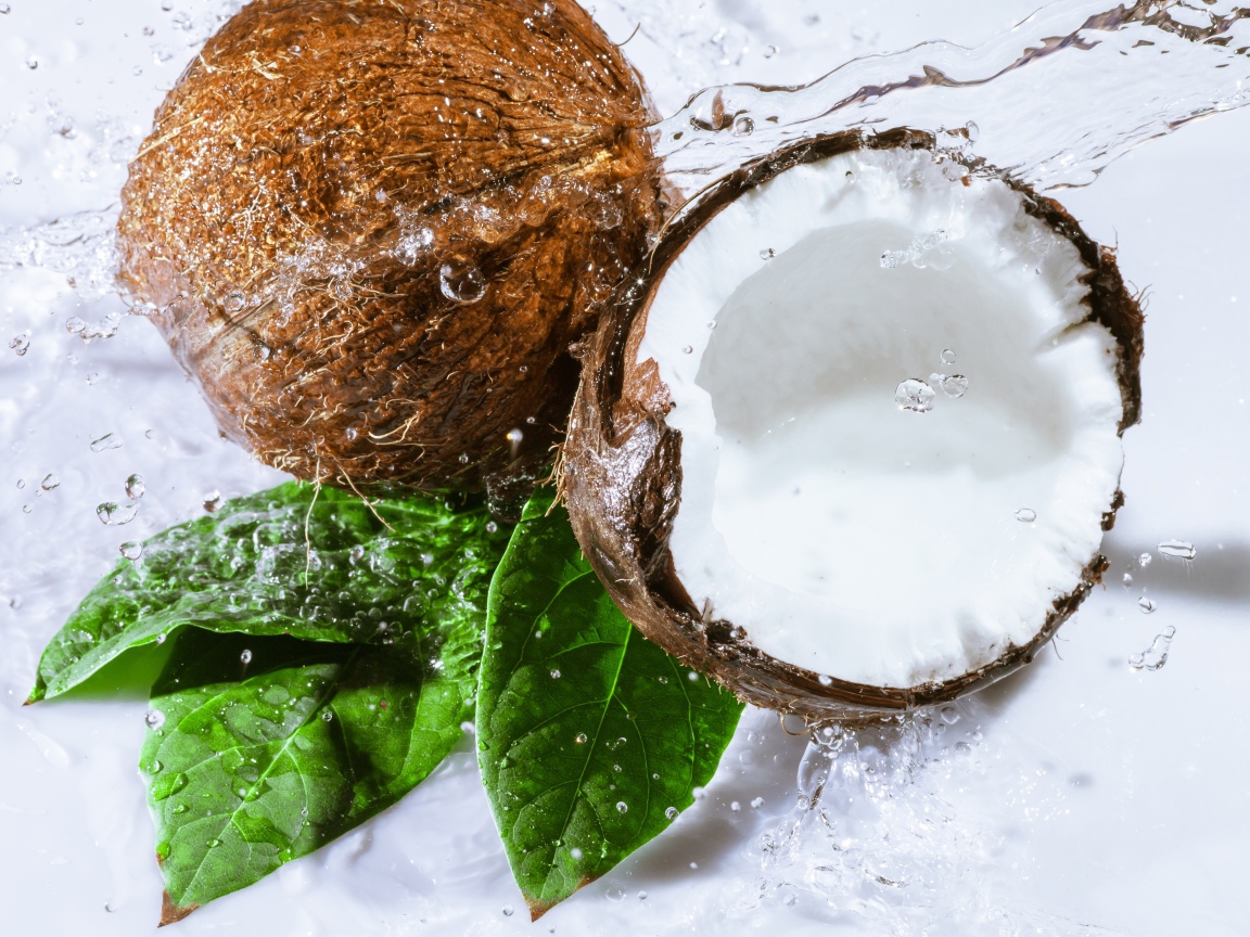 Два кокоса в брызгах воды на белом фоне