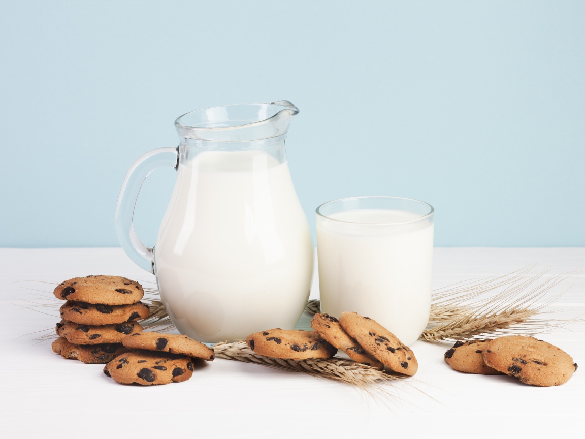 Печенье с шоколадом на столе с молоком и колосьями пшеницы